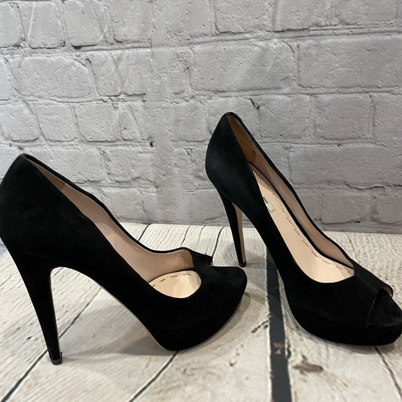 Miu Miu Peep Toe Platform Pumps Women Black Suede Heel Shoes  37.5/US 7 - Picture 8 of 16